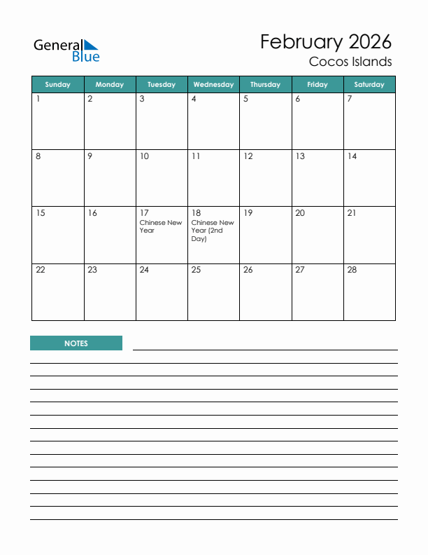 Calendar with Notes Printable - Sunday Start