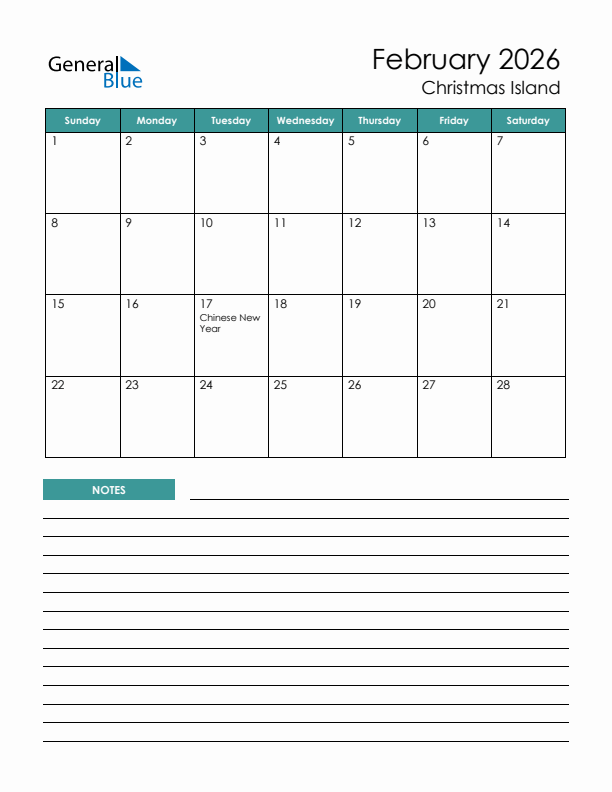 Calendar with Notes Printable - Sunday Start