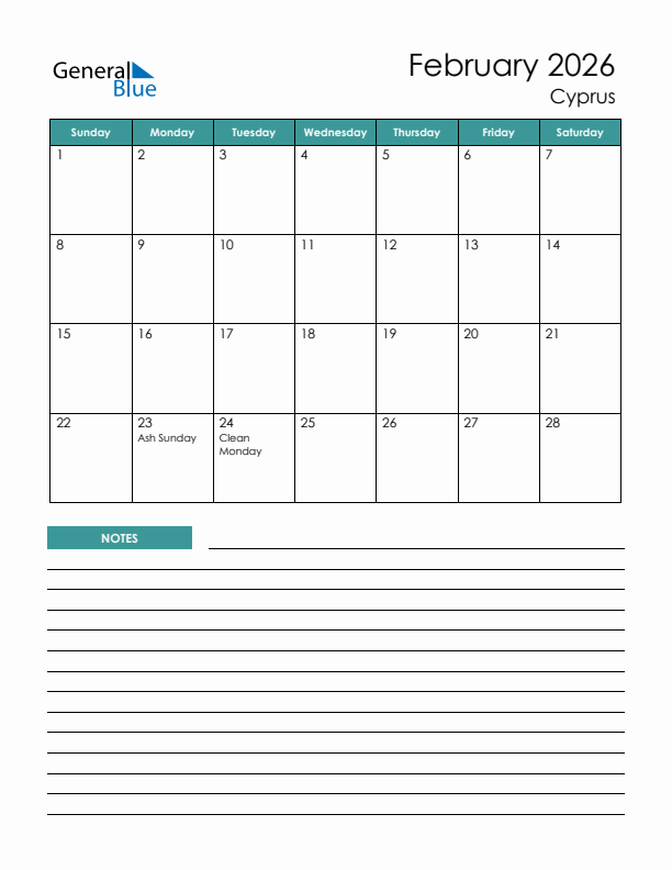 Calendar with Notes Printable - Sunday Start