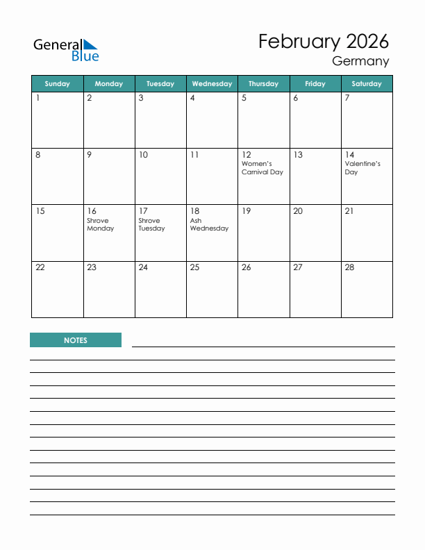 Calendar with Notes Printable - Sunday Start