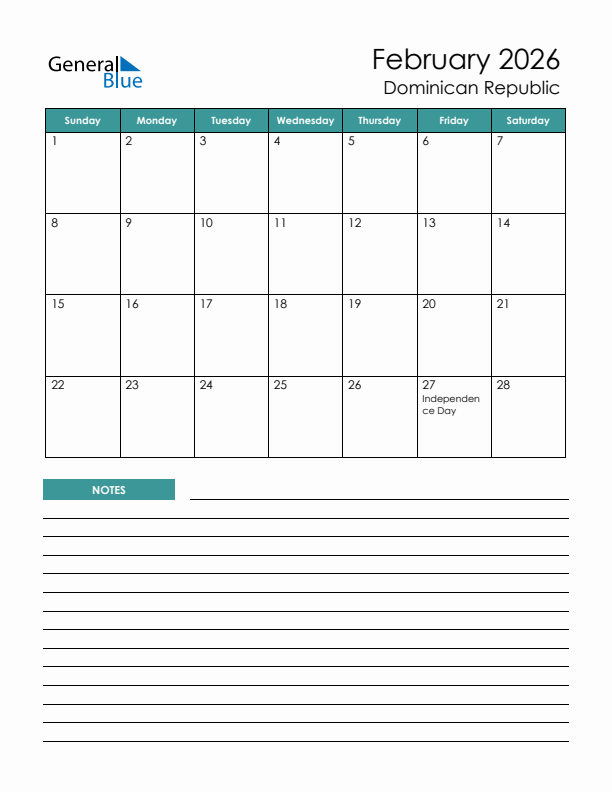 Calendar with Notes Printable - Sunday Start