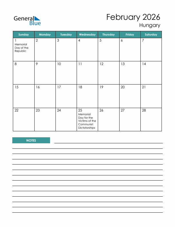 Calendar with Notes Printable - Sunday Start