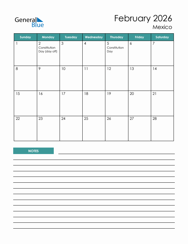 Calendar with Notes Printable - Sunday Start