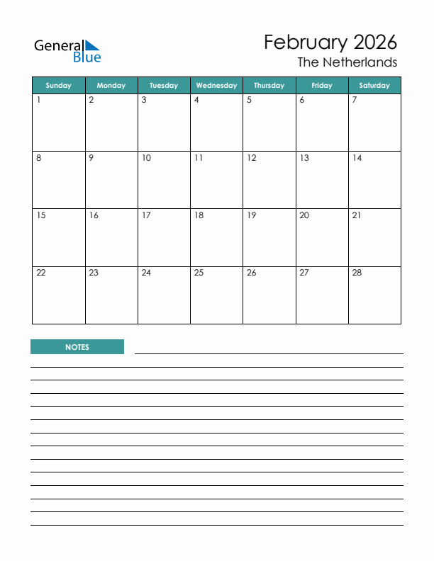 Calendar with Notes Printable - Sunday Start