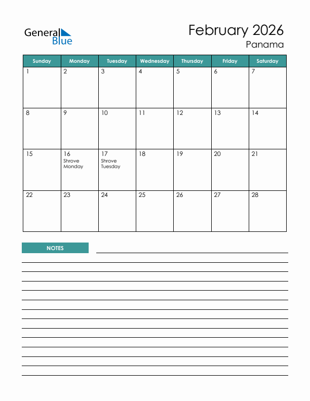 Calendar with Notes Printable - Sunday Start