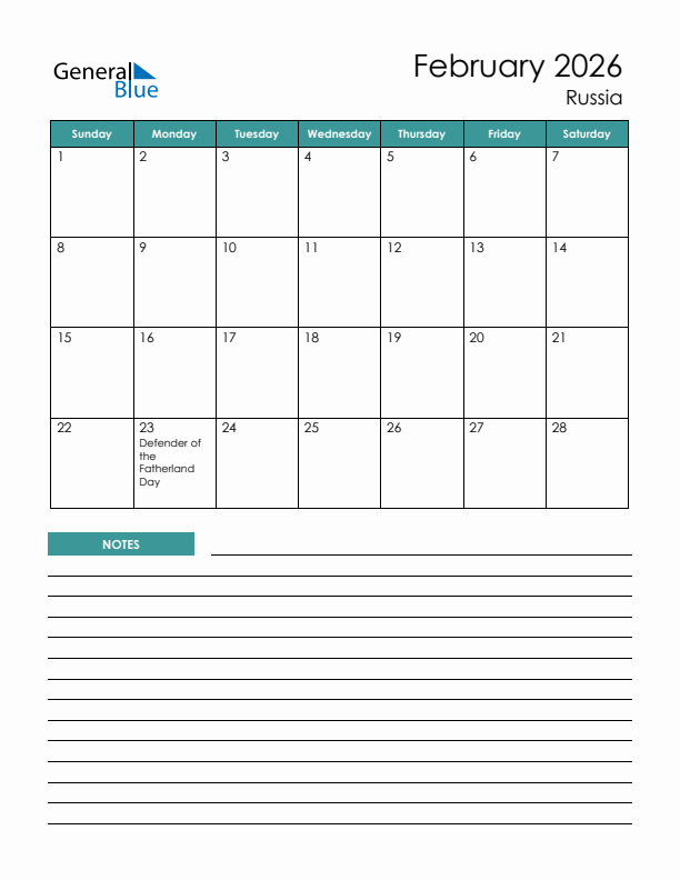 Calendar with Notes Printable - Sunday Start