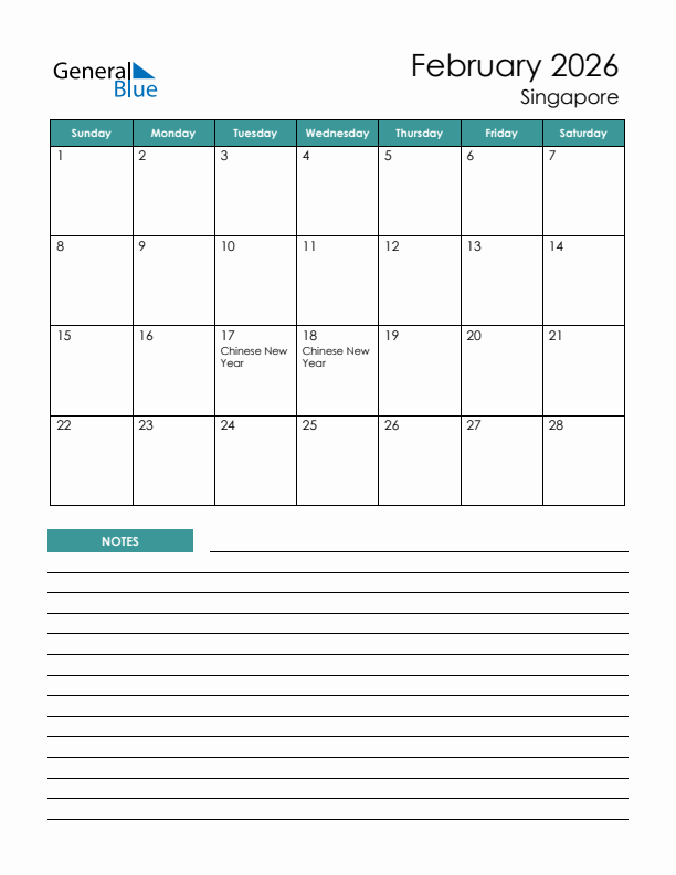 Calendar with Notes Printable - Sunday Start