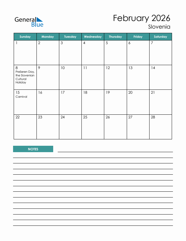 Calendar with Notes Printable - Sunday Start