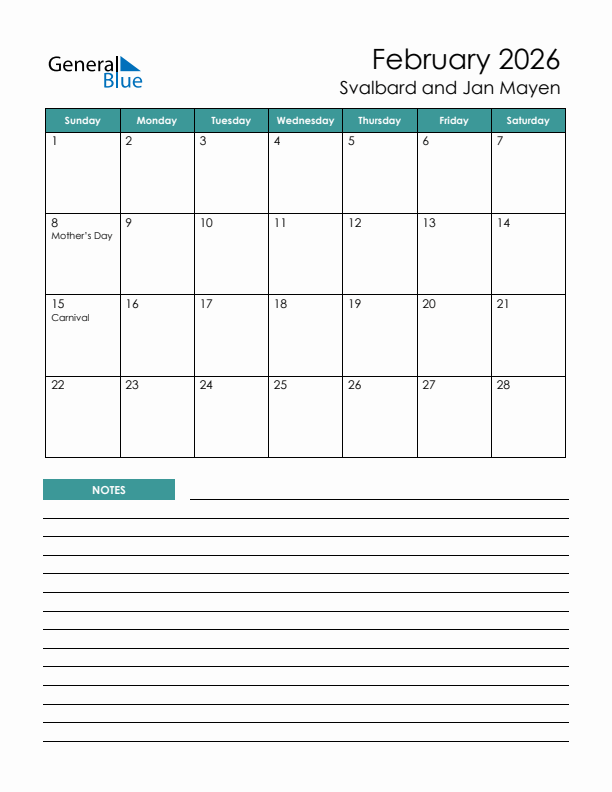 Calendar with Notes Printable - Sunday Start