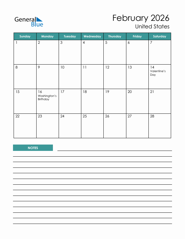 Calendar with Notes Printable - Sunday Start