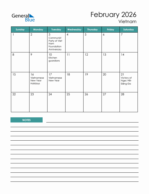 Calendar with Notes Printable - Sunday Start