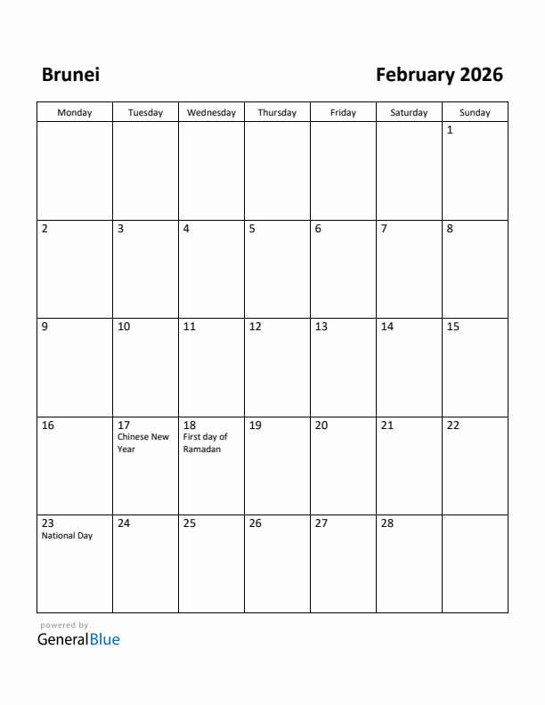 February 2026 Calendar with Brunei Holidays