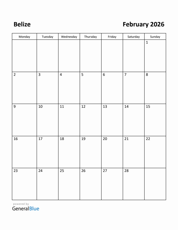 February 2026 Calendar with Belize Holidays