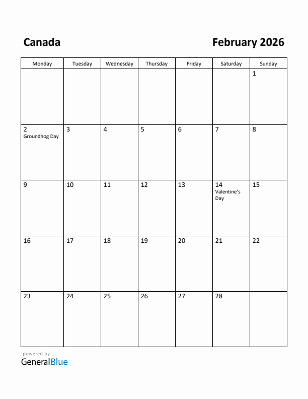 February 2026 Calendar with Canada Holidays