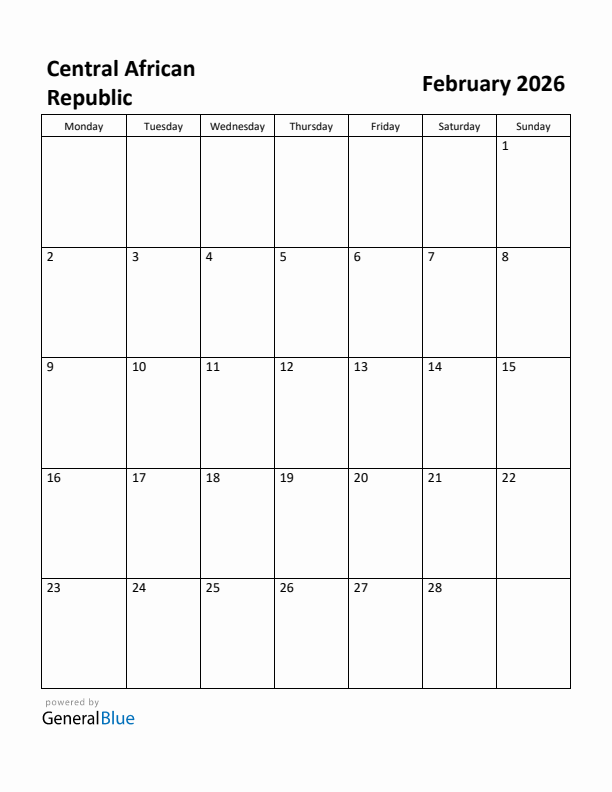 February 2026 Calendar with Central African Republic Holidays