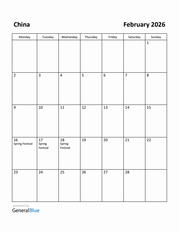 February 2026 Calendar with China Holidays