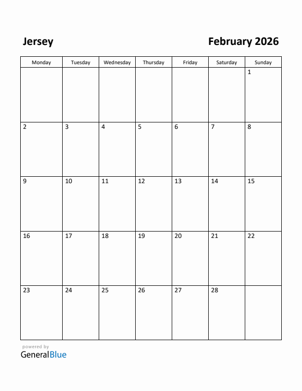 February 2026 Calendar with Jersey Holidays