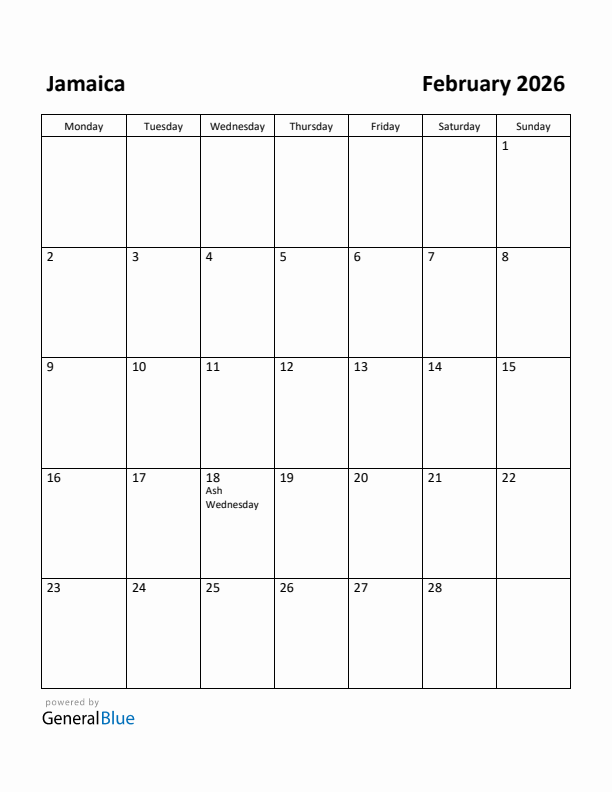 February 2026 Calendar with Jamaica Holidays