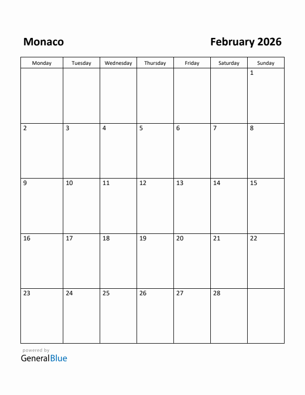 February 2026 Calendar with Monaco Holidays