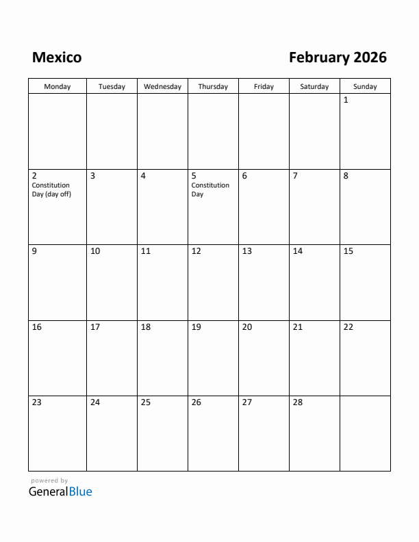 February 2026 Calendar with Mexico Holidays