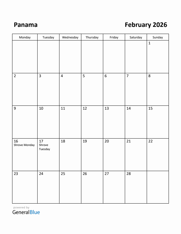 February 2026 Calendar with Panama Holidays