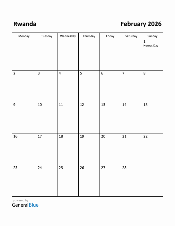 February 2026 Calendar with Rwanda Holidays