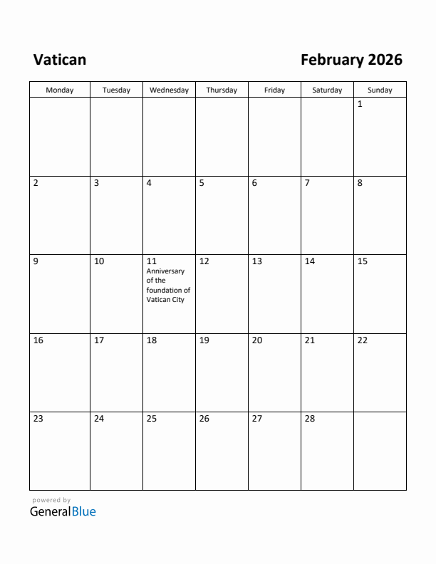 February 2026 Calendar with Vatican Holidays