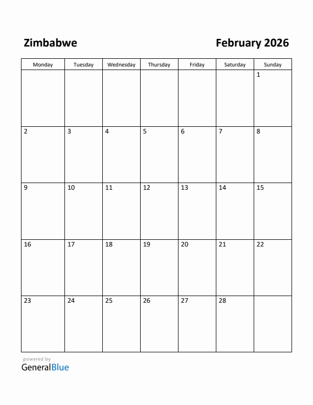 February 2026 Calendar with Zimbabwe Holidays