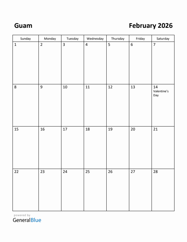 February 2026 Calendar with Guam Holidays