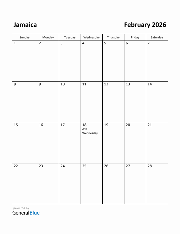 February 2026 Calendar with Jamaica Holidays