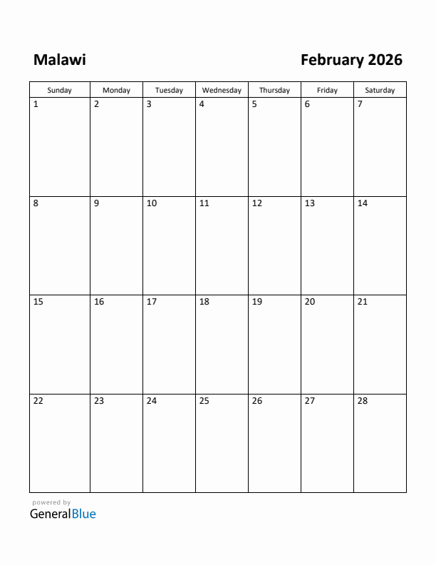 February 2026 Calendar with Malawi Holidays