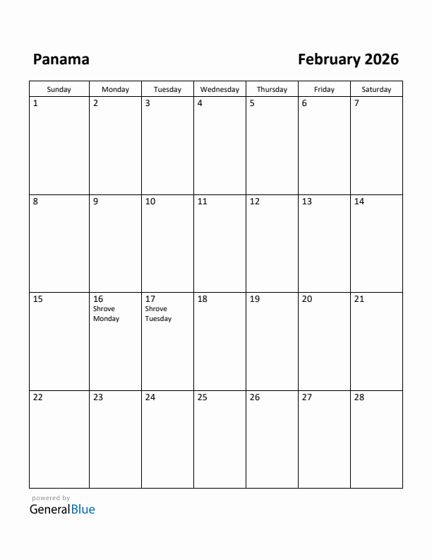 February 2026 Calendar with Panama Holidays