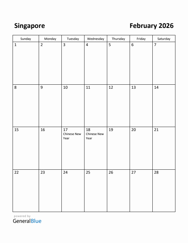 February 2026 Calendar with Singapore Holidays