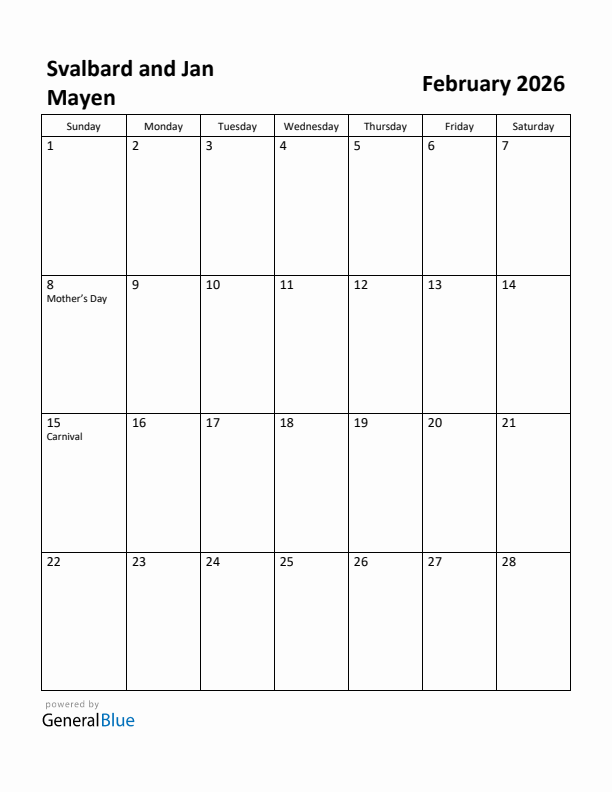 February 2026 Calendar with Svalbard and Jan Mayen Holidays