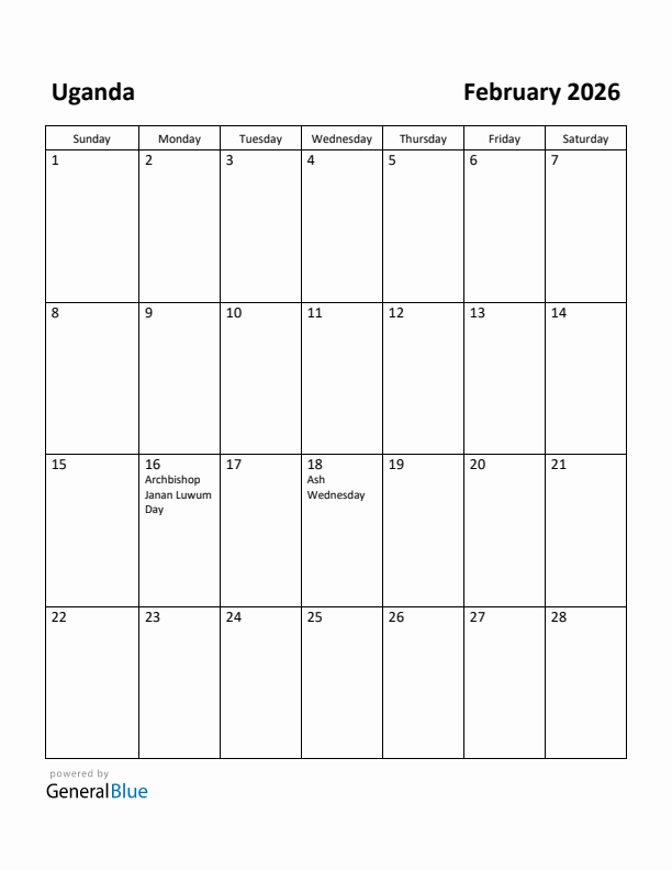 February 2026 Calendar with Uganda Holidays