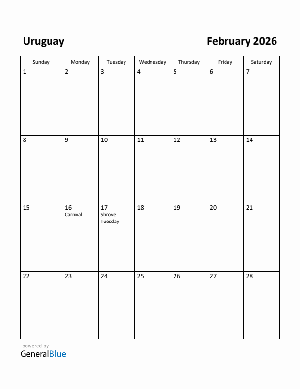 February 2026 Calendar with Uruguay Holidays