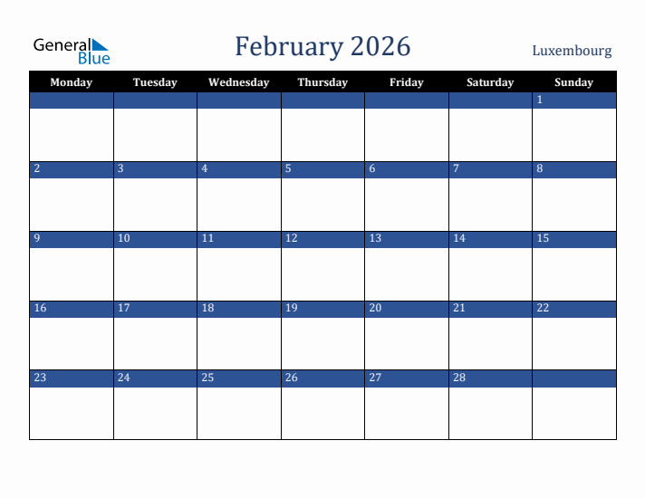 February 2026 Luxembourg Calendar (Monday Start)