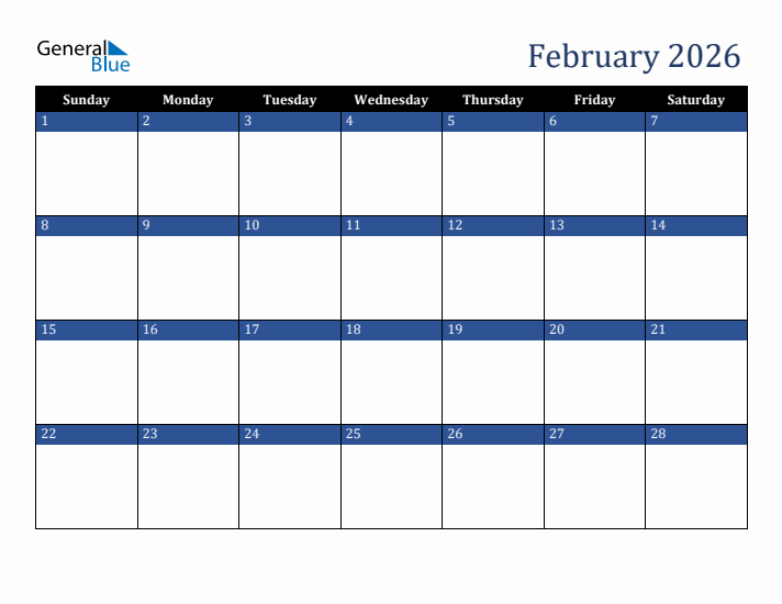 Sunday Start Calendar for February 2026