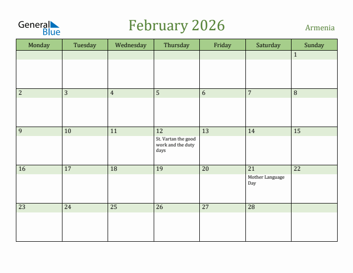 February 2026 Calendar with Armenia Holidays