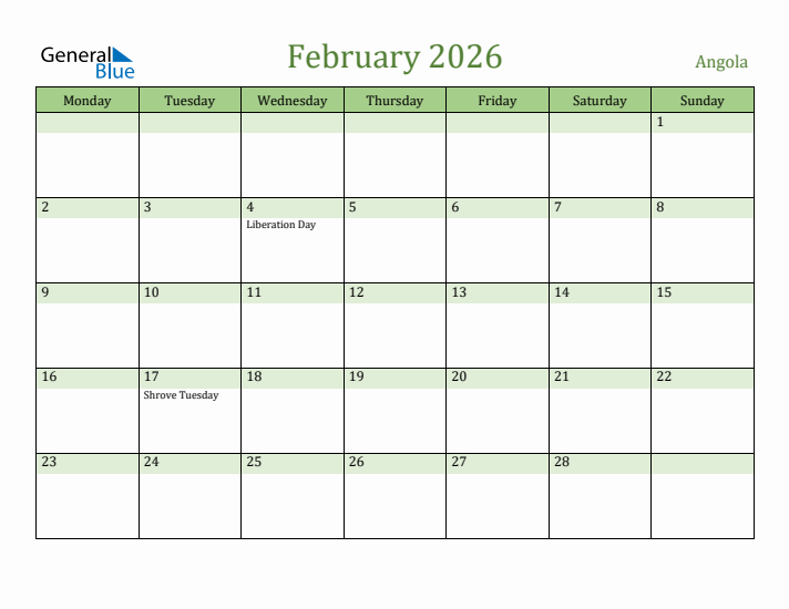 February 2026 Calendar with Angola Holidays