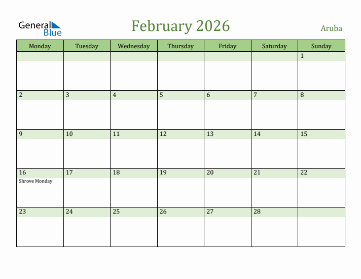 February 2026 Calendar with Aruba Holidays