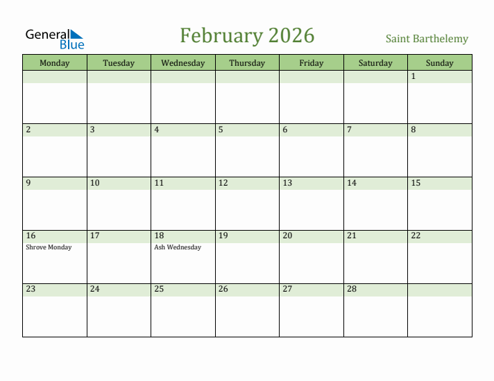 February 2026 Calendar with Saint Barthelemy Holidays