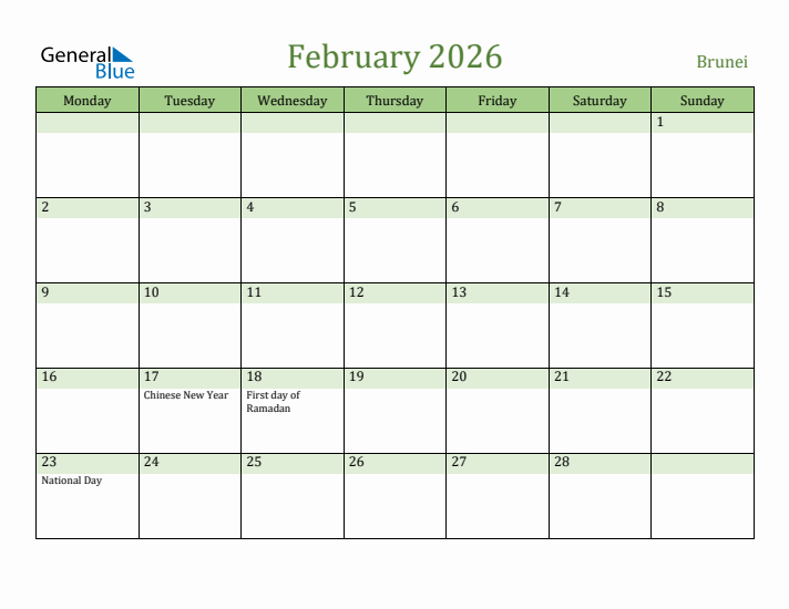 February 2026 Calendar with Brunei Holidays