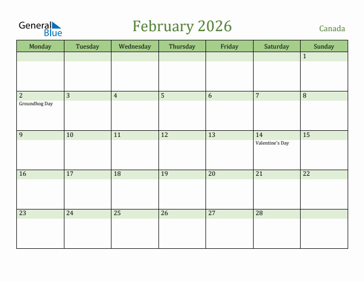 February 2026 Calendar with Canada Holidays