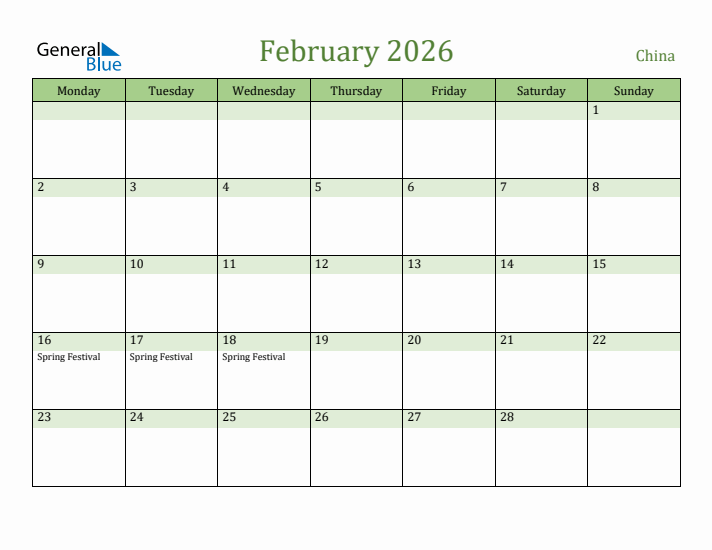 February 2026 Calendar with China Holidays