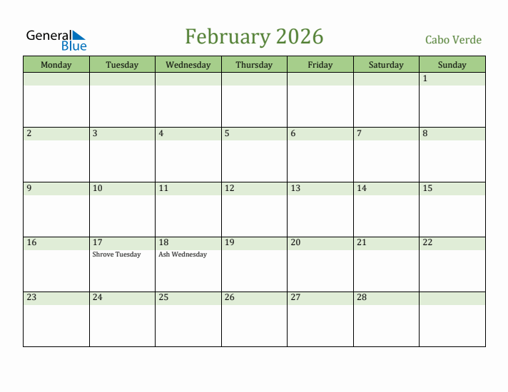 February 2026 Calendar with Cabo Verde Holidays