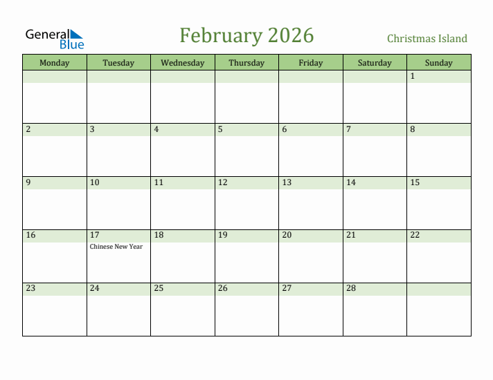 February 2026 Calendar with Christmas Island Holidays