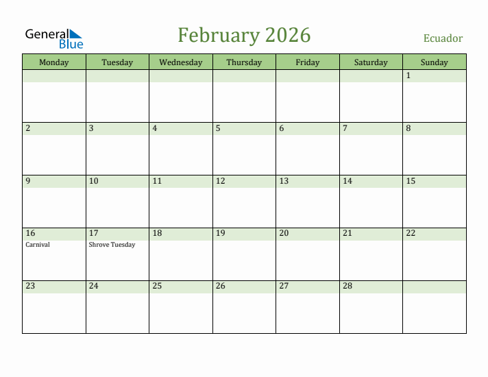 February 2026 Calendar with Ecuador Holidays