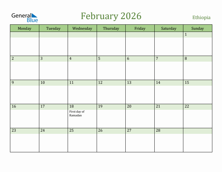 February 2026 Calendar with Ethiopia Holidays