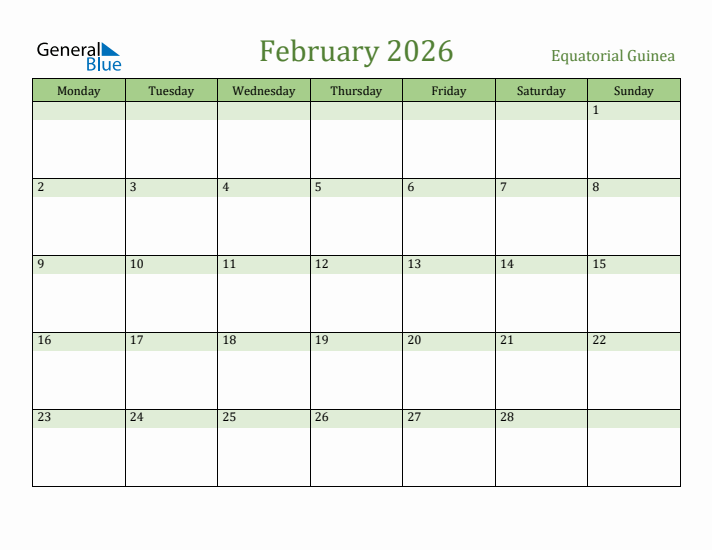 February 2026 Calendar with Equatorial Guinea Holidays